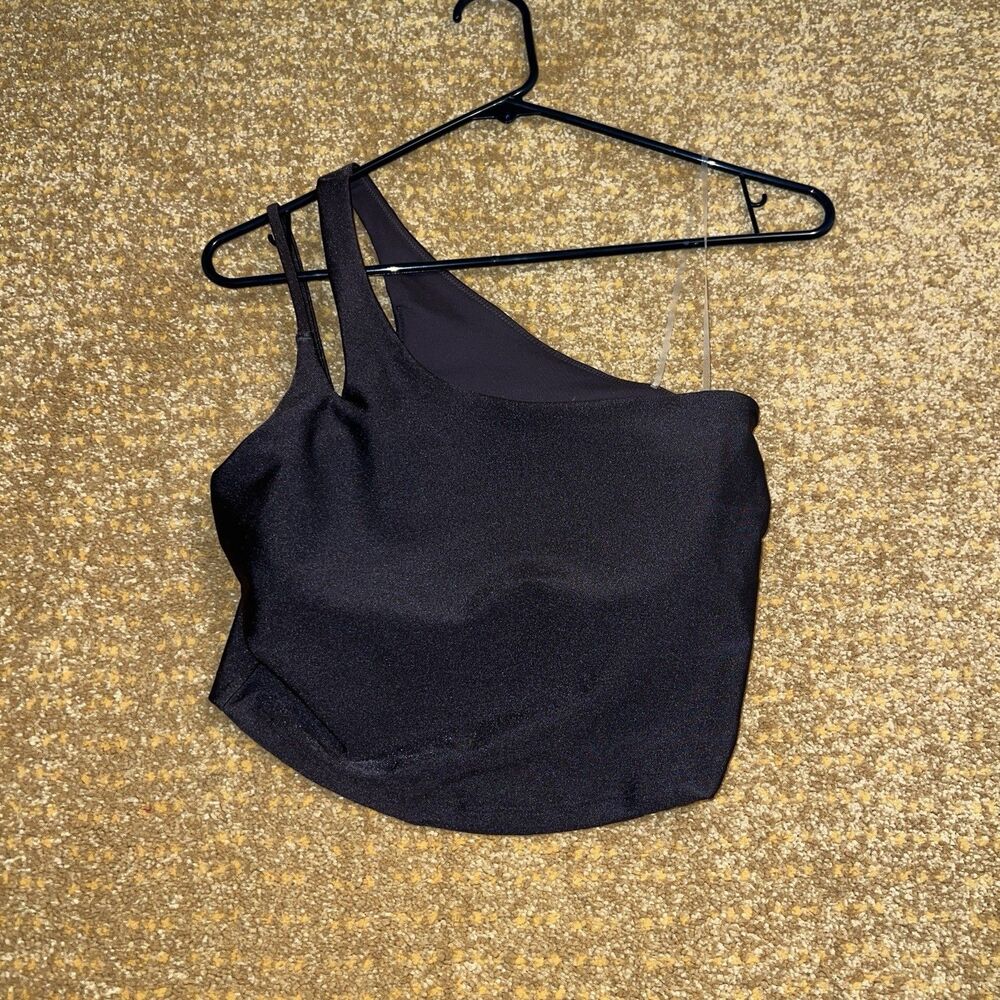 NWT Old Nacy Active Women’s Sz S One Shoulder Crop Top Built In Bra Brown